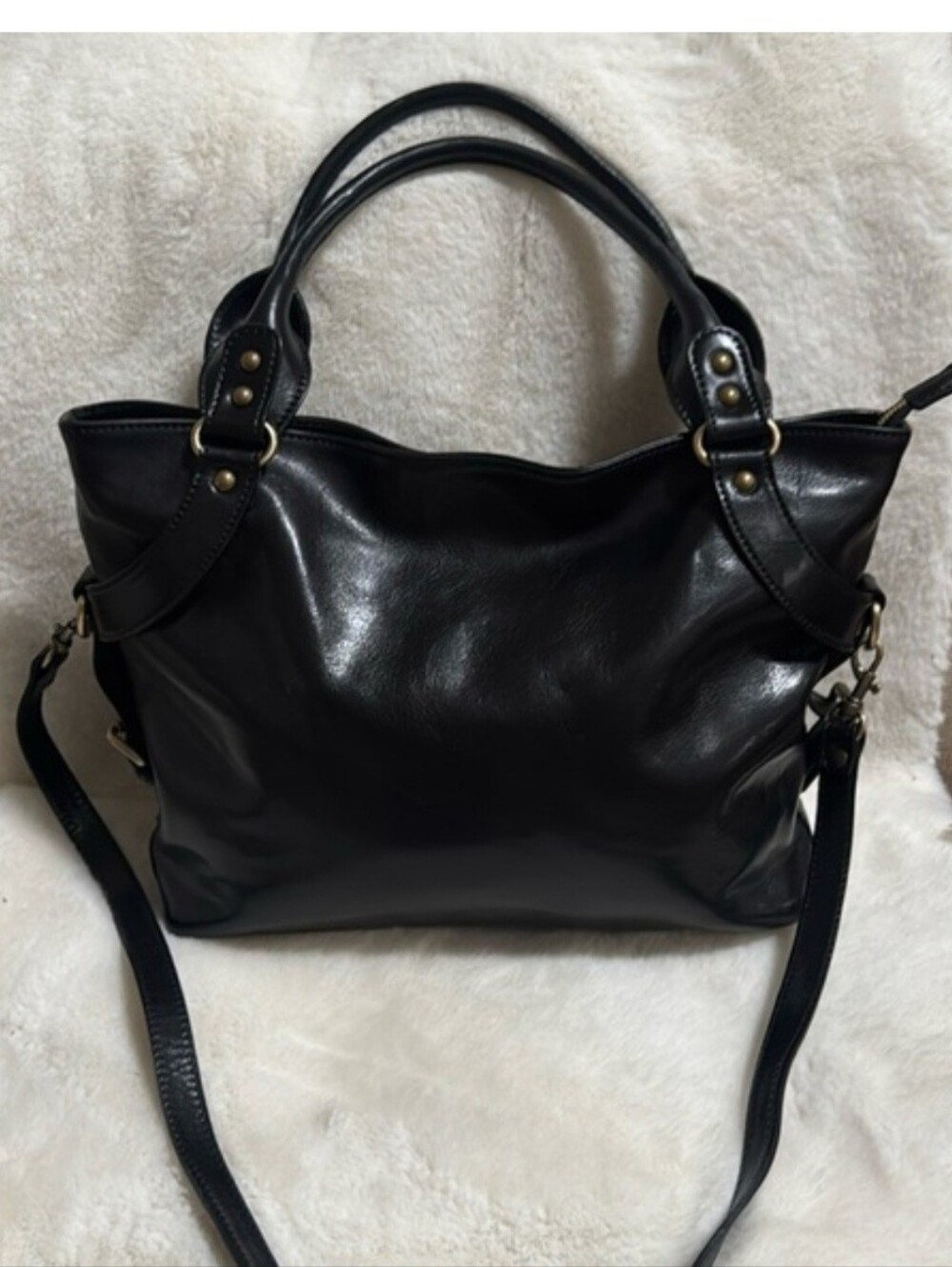 Black Leather Crossbody Tote with Gold Accents
